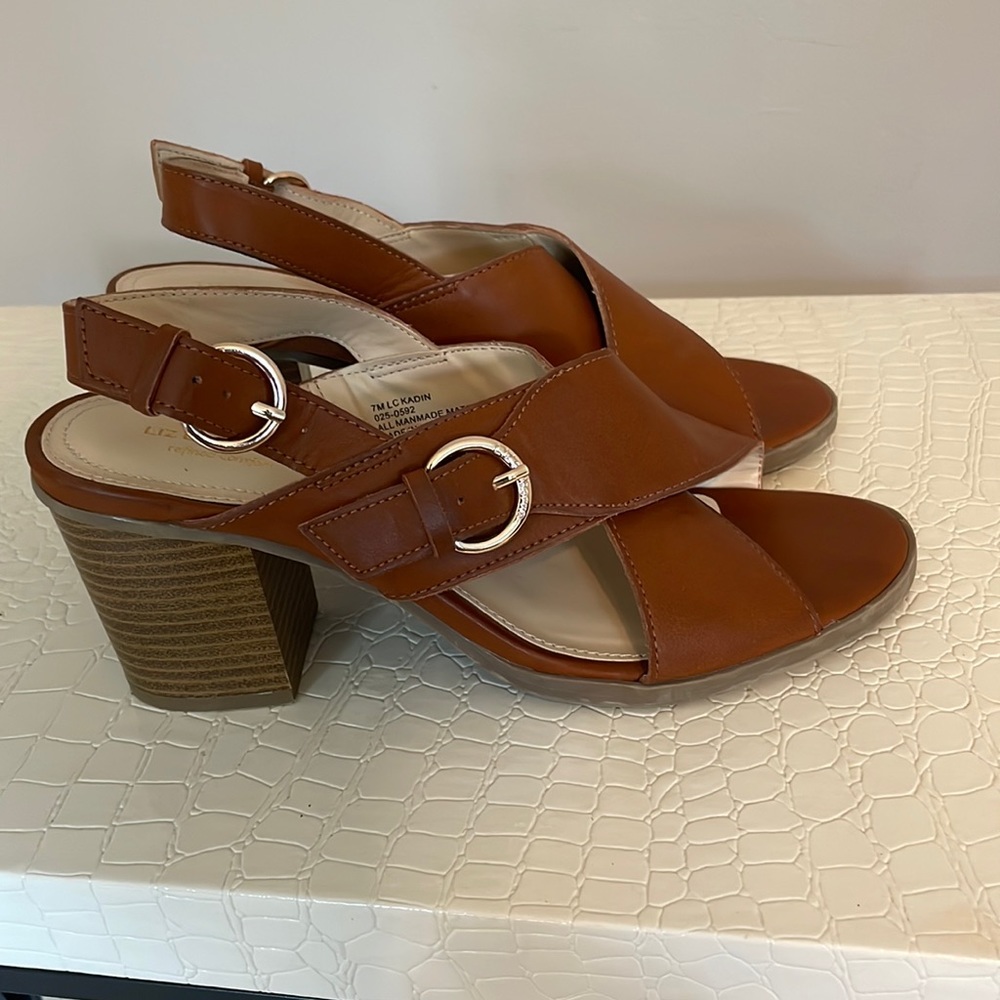 Brown and gold sandal heels